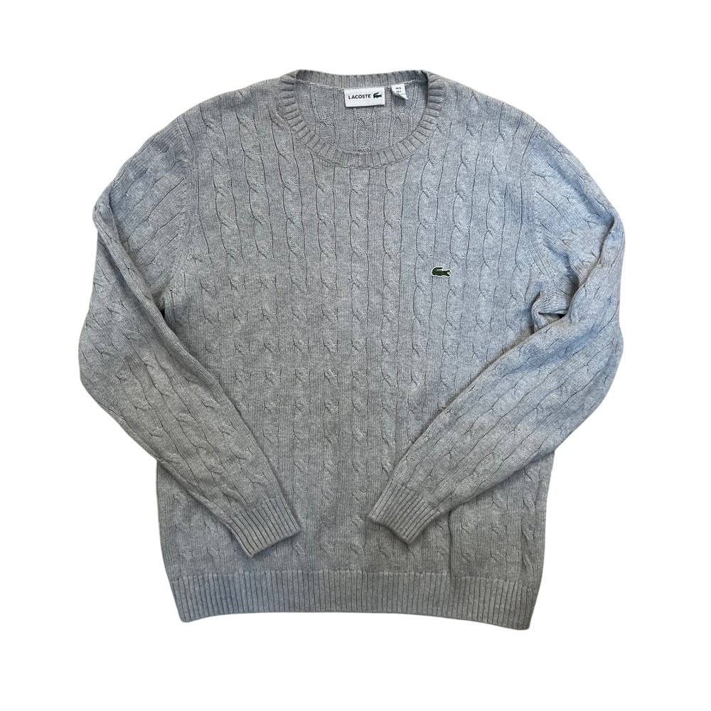 Lacoste Men's‎ US L FR 5 Grey Cotton Cable Knit Crewneck Sweater Pullover EUC